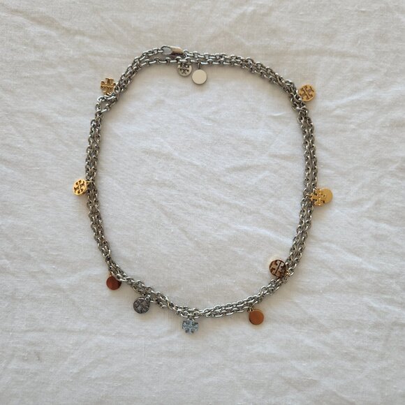 TORY BURCH Two-Tone Logo Charm Rosary Station Necklace - Picture 5 of 6